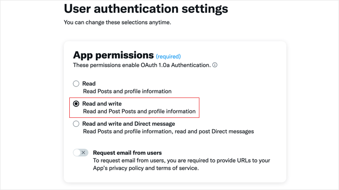 Choosing read and write permissions for X app