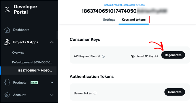 Regenerating keys and tokens on the X Developer Portal