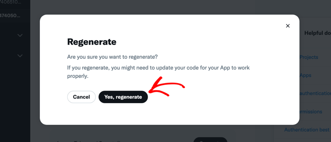 Confirming to regenerate X app keys and tokens