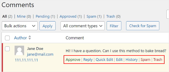Les liens d'action des commentaires WordPress Les liens d'action des commentaires WordPress