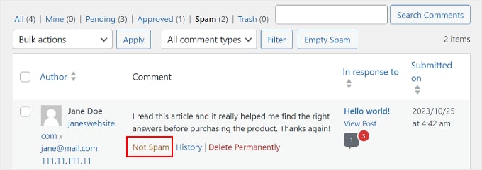 Marquer un commentaire comme n'étant pas du spam sur WordPress Marquer un commentaire comme n'étant pas du spam sur WordPress