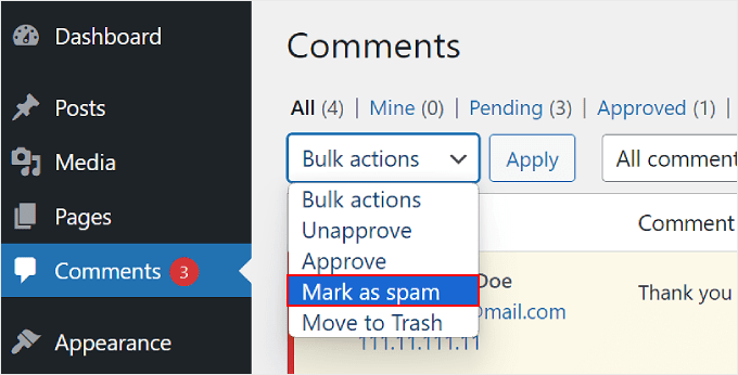 Marquer plusieurs commentaires comme spam en utilisant l'option Action groupée dans WordPress Marquer plusieurs commentaires comme spam en utilisant l'option Action groupée dans WordPress