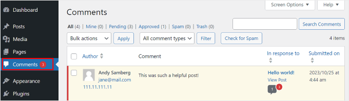 Ouverture du menu Commentaires sur le panneau d'administration WordPress Ouverture du menu Commentaires sur le panneau d'administration WordPress