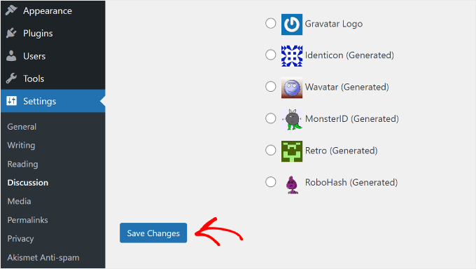 Clicking the 'Save Changes' button on the WordPress Discussion settings page Clicking the 'Save Changes' button on the WordPress Discussion settings page