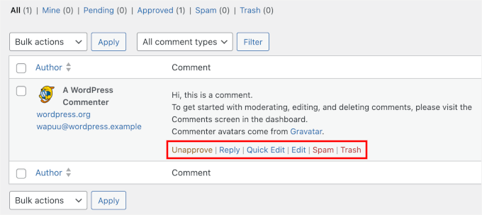 The WordPress comment action links