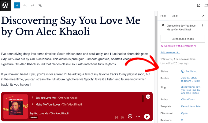 Opzione di pubblicazione nella barra laterale