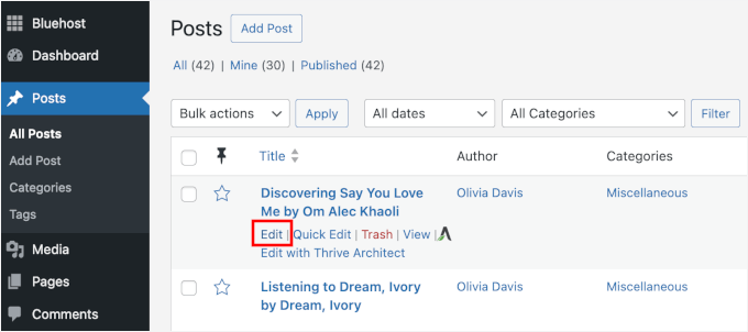 Pulsante Modifica post