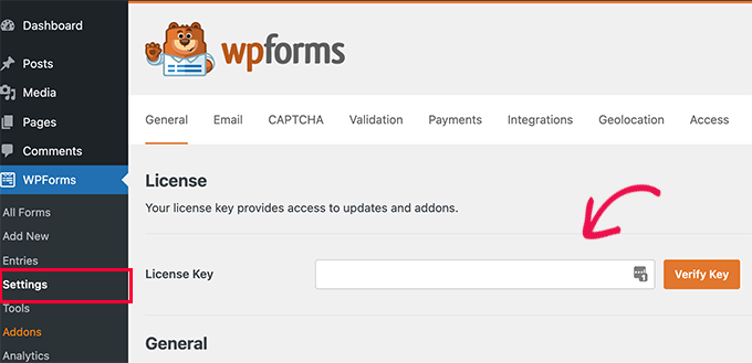 Adding your WPForms license key WPForms license key