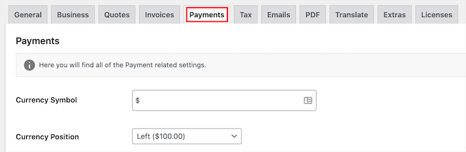 Configure payment settings tab Configure payment settings tab