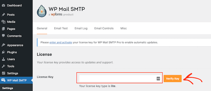El campo de clave de licencia de WP SMTP