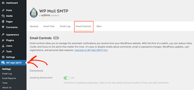 Los controles de correo electrónico del plugin WP SMTP