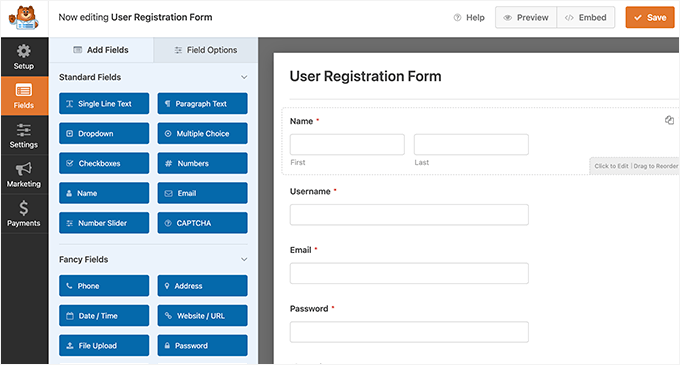 Edit user registration form