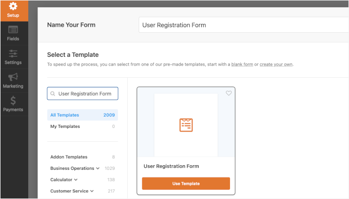 Select user registration template