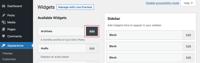 追加リンクをクリックしてウィジェットを追加する