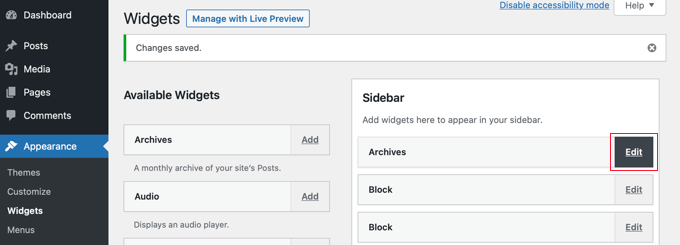 編集リンクをクリックしてウィジェットを編集する