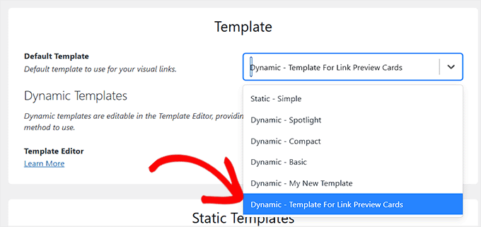 Choisir le modèle que vous avez créé dans le menu déroulant dans l'aperçu de lien visuel Choisir le modèle que vous avez créé dans le menu déroulant dans l'aperçu de lien visuel