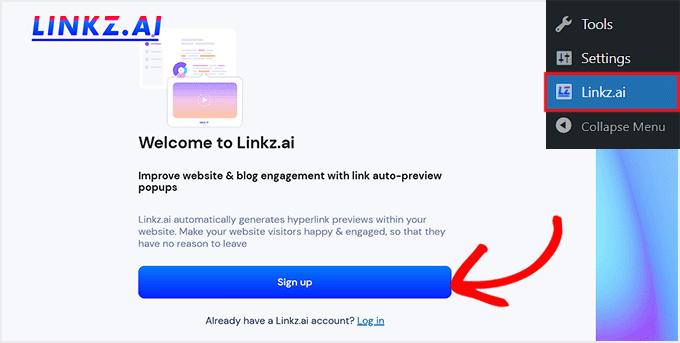 Cliquez sur S'inscrire pour créer un compte Linkz.ai Cliquez sur S'inscrire pour créer un compte Linkz.ai