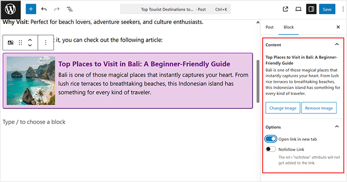 Modifier la carte d'aperçu de lien visuel depuis le panneau de blocs Modifier la carte d'aperçu de lien visuel depuis le panneau de blocs