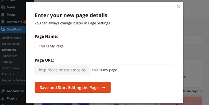 Enter a Name and URL for the New Page Enter a Name and URL for the New Page