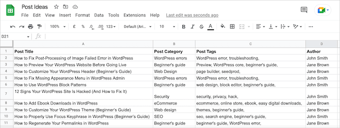 Post ideas spreadsheet