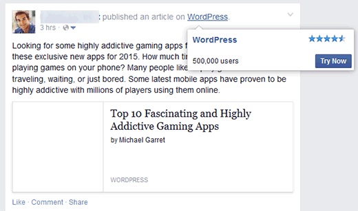Un post condiviso su Facebook utilizzando il modulo publicize di JetPack