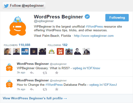 Officiell Twitter-följknapp och profilsidan som visas när man klickar