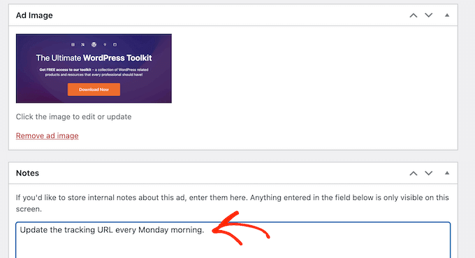 Adding notes to an AdSanity advert Adding notes to an AdSanity advert