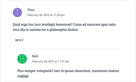 Aperçu des avatars de la première lettre de discours dans les commentaires WordPress