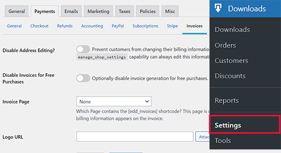 EDD extension settings Visit invoices page