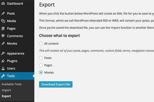 Exporter un type de publication personnalisé dans un fichier XML à l'aide de l'outil d'exportation intégré de WordPress Exporter un type de publication personnalisé dans un fichier XML à l'aide de l'outil d'exportation intégré de WordPress