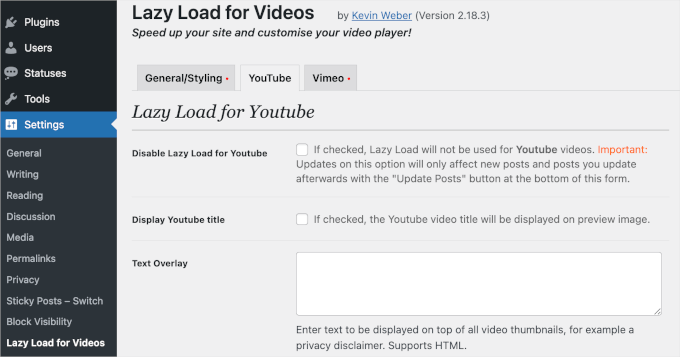 Lazy load for YouTube settings Lazy load for YouTube settings