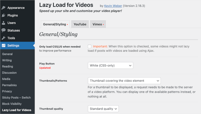 Settings page for lazy load for videos WordPress plugin Settings page for lazy load for videos WordPress plugin