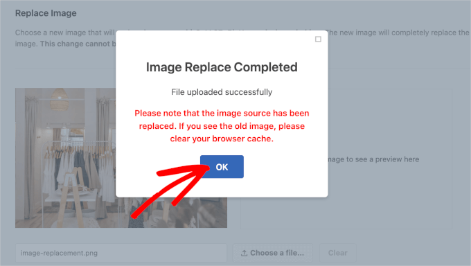 wpadminarea-tools-wpsearchandreplace-replaceimagetab-replacebutton-chooseafile-replacesourcefile-imagereplacecompletepopup The OK button in the Image Replace Complete popup in Search & Replace Everything