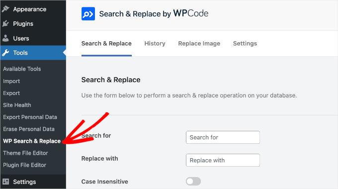 wpadminarea-tools-wpsearchandreplace WP Search & Replace menu item