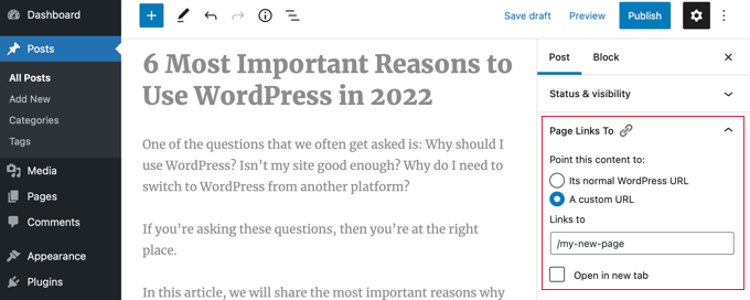 Page Links to in WordPress editor Page Links To in WordPress Editor