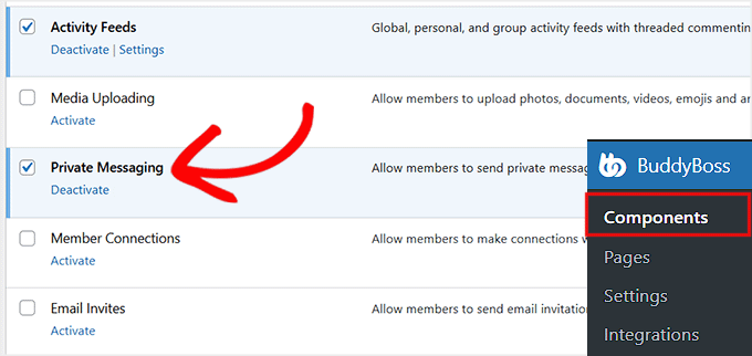 Aktywuj komponent prywatnych wiadomości w BuddyBoss
