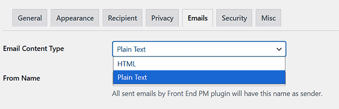 Wybierz typ zawartości e-mail w Front End PM