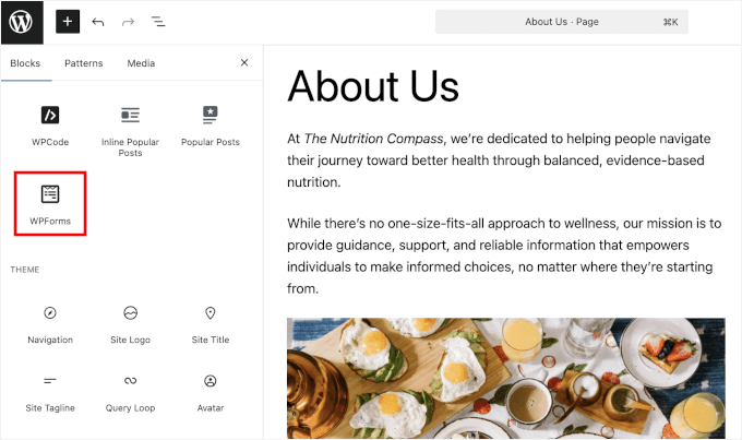 Adding the WPForms block Adding the WPForms block