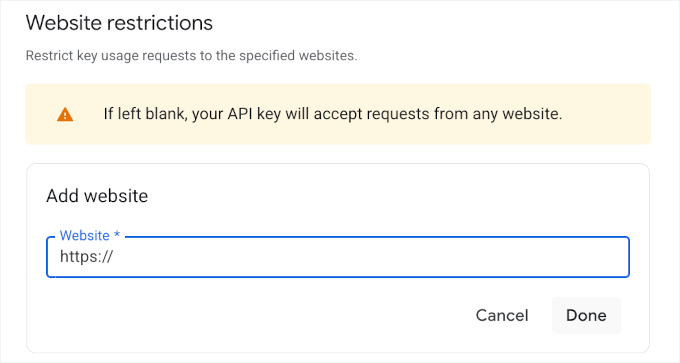 Entering the domain name for website restrictions Entering the domain name for website restrictions