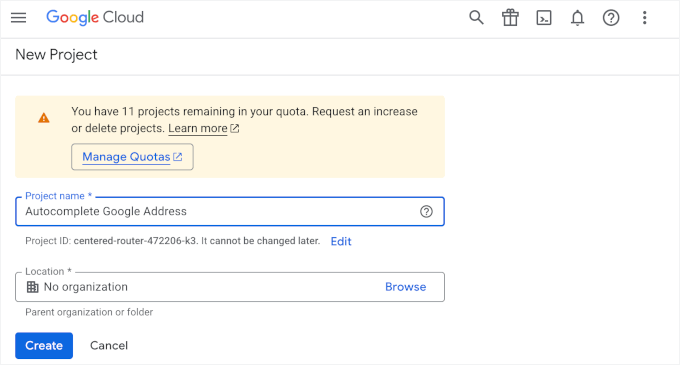 Naming the new project in Google Cloud Console Naming the new project in Google Cloud Console