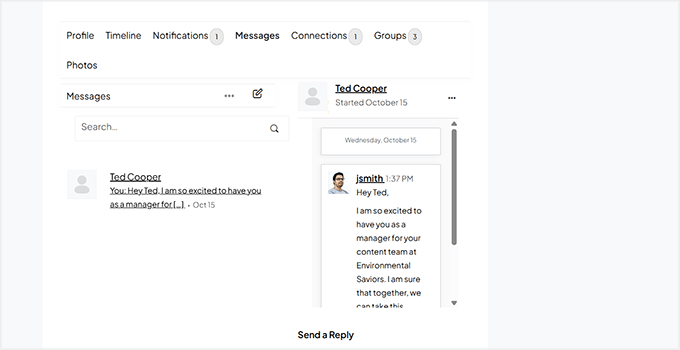 Podgląd systemu prywatnych wiadomości w BuddyBoss