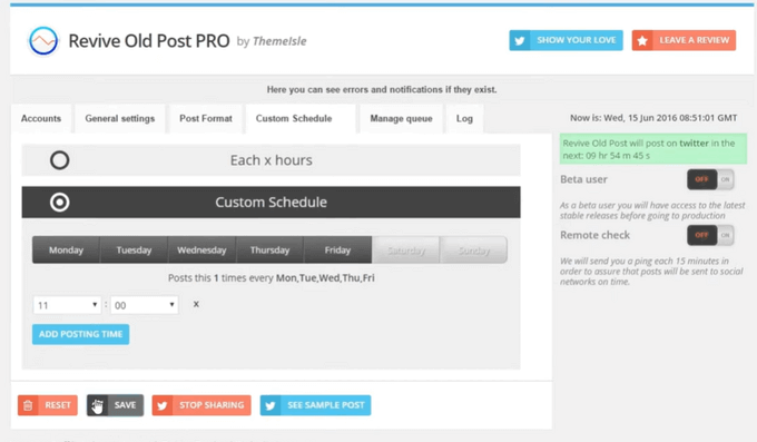Set up a custom sharing schedule in Revive Social