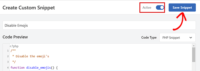save-disable-emoji-snippet Click the Save Snippet button to save changes