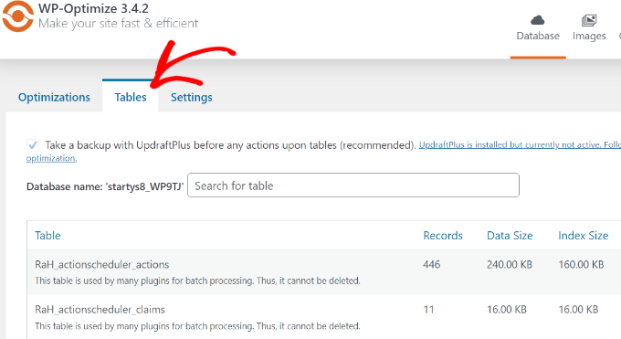Tables tab in wp optimize Tables tab in wp optimize