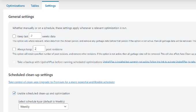 WP optimize settings WP optimize settings