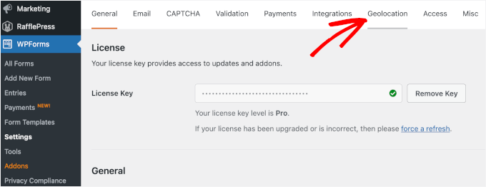 The Geolocation tab in WPForms settings The Geolocation tab in WPForms settings