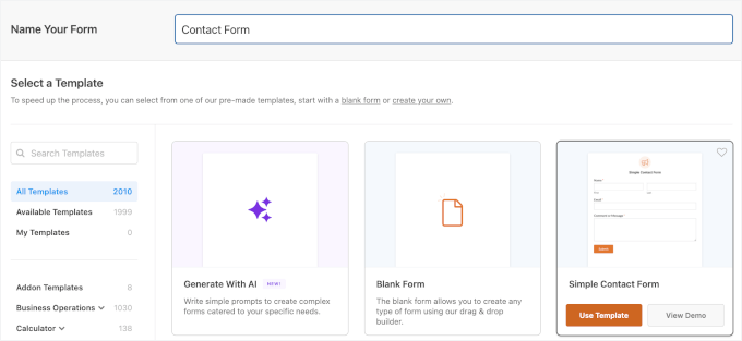 Use the Simple Contact Form template Use the Simple Contact Form template