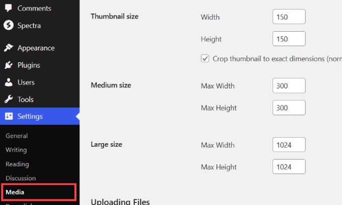 Impostazioni media di WP