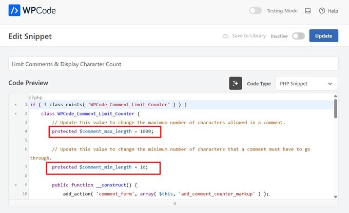 Adjust comment length limits in the code