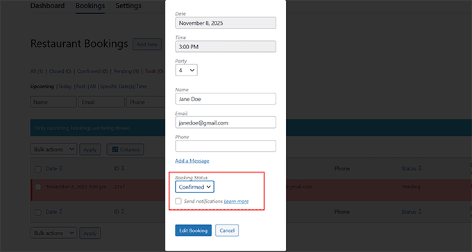 Change the booking status to confirmed in Five Star Restaurant Reservations Change the booking status to confirmed in Five Star Restaurant Reservations